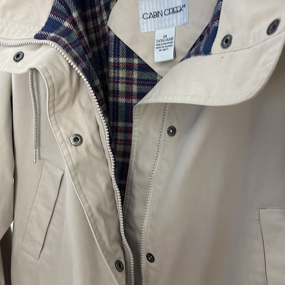 Cabin Creek Womens Coat W/Hood. 2XG. TanW/Pockets. Plaid Lining Mid Length. VTG - Picture 4 of 15